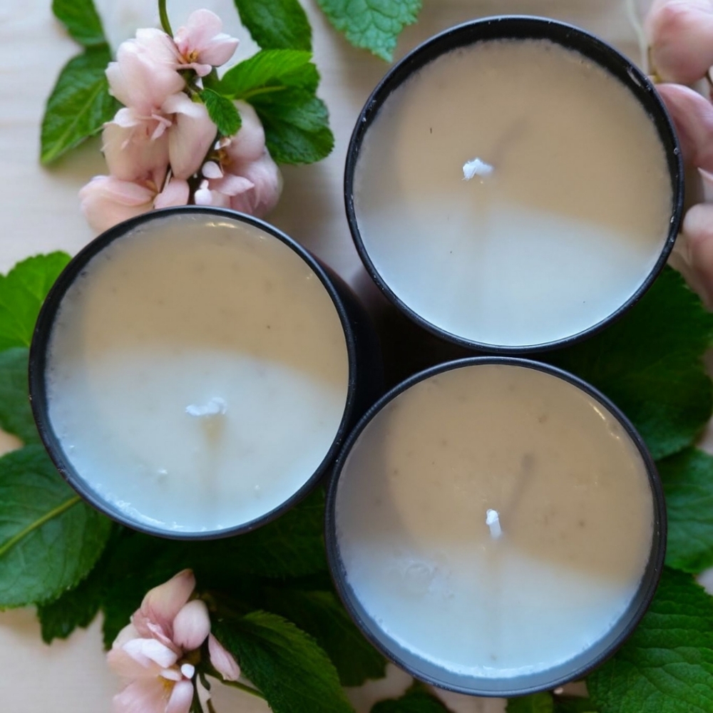 HP😀 3 Anna's Creations Candles Peppermint/Fresh Scent Black Tins Wood Look Lids